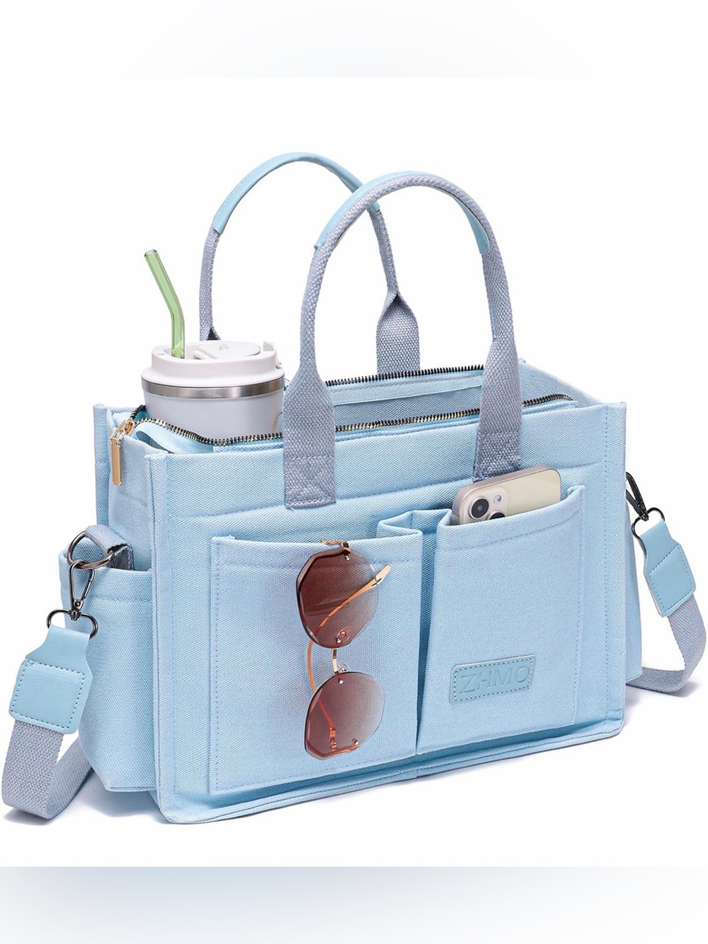 Light Blue Canvas Women's Tote with Multiple Exterior Pockets